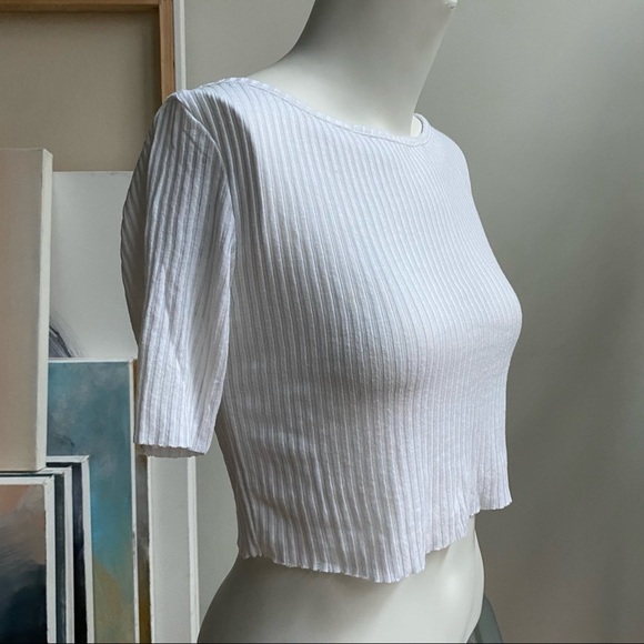 TOPSHOP Crop Top White Boatneck Short Sleeve Ribbed Lightweight Small - Picture 4 of 10